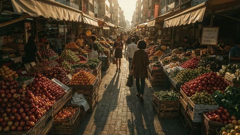 Woman Shopping with Reusable Bag at City Market in Sunset Light