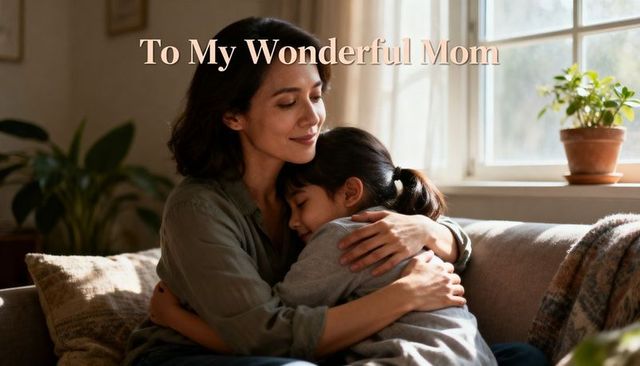 Mother and daughter hugging on cozy sofa with sunlight and to my wonderful mom overlay