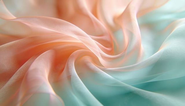 Swirling sheer chiffon spiral in peach and aqua gradient with satin sheen
