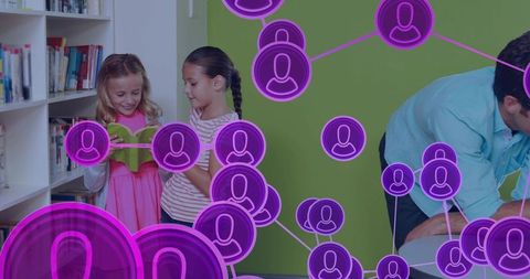 Children Reading in Library with Digital Network Overlay Illustrating Connected Learning