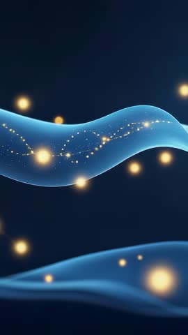 Vertical ribbon wave undulating with glowing golden orbs on navy, futuristic luminous motion