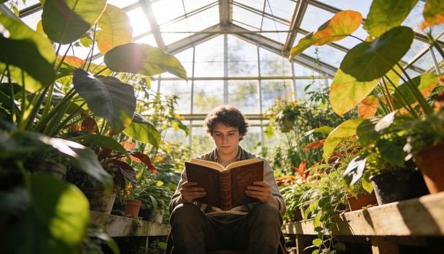 Young man reading vintage book inside sunlit greenhouse surrounded by lush tropical plants