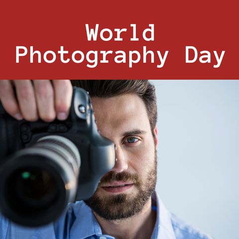 Central image depicting a male photographer holding a camera, celebrating World Photography Day. Perfect for promotions, articles or events focused on the art of photography and creative expression.