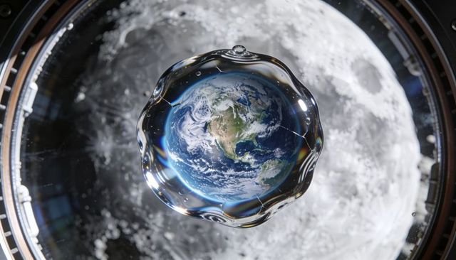 Earth encapsulated in floating water droplet over moon through spacecraft porthole lens