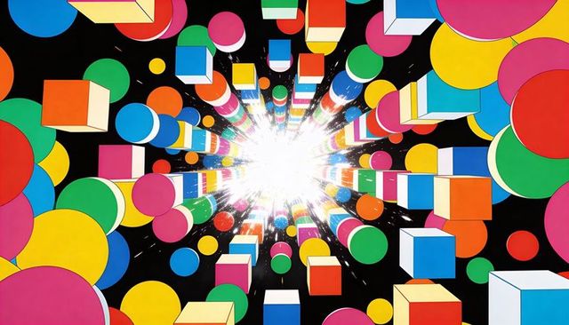 Radiating Neon Geometric Explosion Featuring Colorful Cylinders, Cubes and Discs