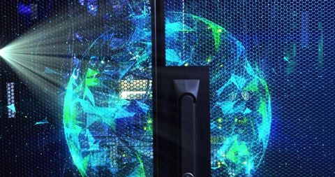 Server rack door revealing holographic globe glowing in datacenter with teal lighting