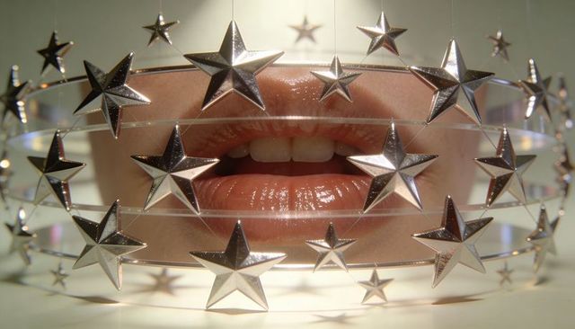 Concentric silver star headpiece framing glossy lips close-up reflective avant-garde beauty