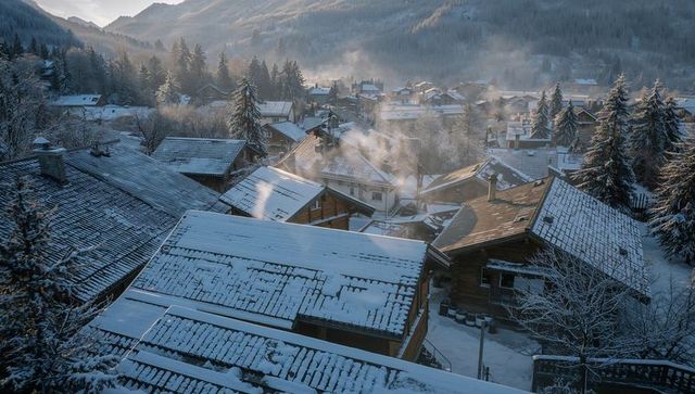 Alpine chalets glistening under fresh snow at sunrise with chimney smoke in misty valley