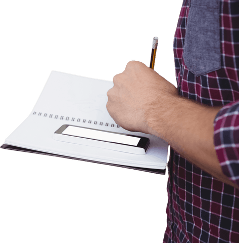 man writing in notebook with smartphone and pencil transparent background - Download Free Stock Videos Pikwizard.com