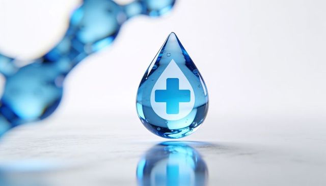 Blue medical droplet with cross symbol for healthcare branding and lab concept