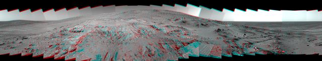 This is a stereoscopic version of NASA Mars Exploration Rover Spirit Lookout panorama, acquired on Feb. 27 to Mar. 2, 2005. The view is from a position known informally as Larry Lookout. 3D glasses are necessary to view this image.