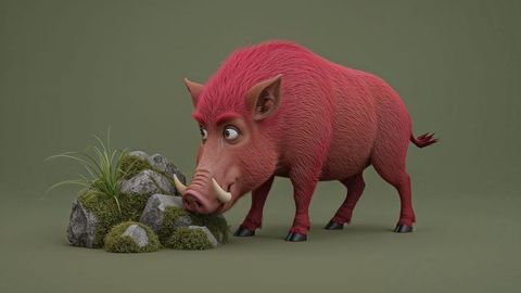 Whimsical red-hued cartoon wild boar in forest setting