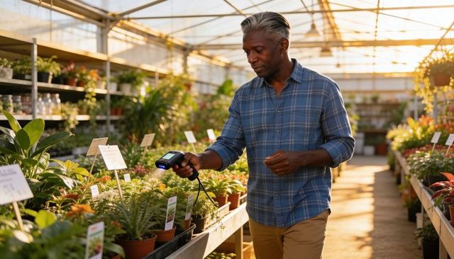 Senior man scanning plant labels with handheld barcode scanner in sunlit greenhouse nursery