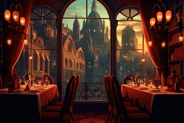 The image depicts an elegant restaurant interior with candlelit tables, offering a scenic evening city view through a large arched window. The cityscape showcases historic architecture with majestic spires and beautifully lit buildings against a sunset sky. Perfect for themes involving romance, fine dining, luxury experiences, vintage or historic cityscapes, and elegant interiors.