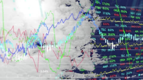 Financial Data Lines in Dynamic Animation with Cloudy Sky Background
