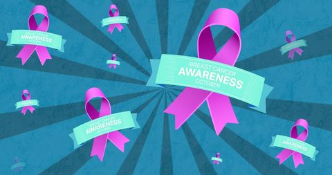 Breast Cancer Awareness Graphic with Pink Ribbons and Blue Background