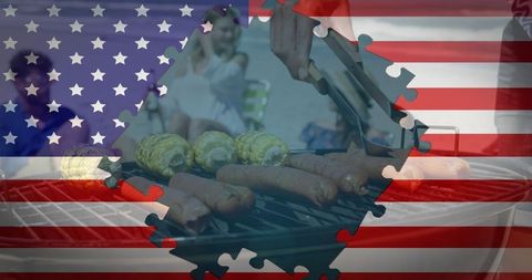 American Flag Overlay with Beach BBQ Jigsaw Theme