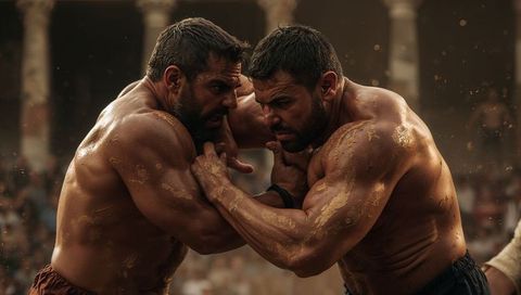 Grappling wrestlers in dusty coliseum muscular rivals straining with sweat and intensity