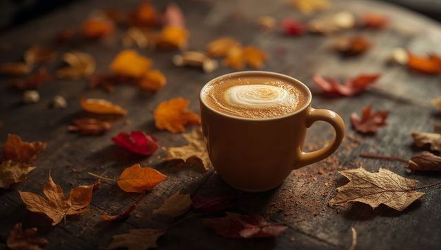 Cozy Autumn Latte Art in Rustic Cafe Setting with Colorful Leaves