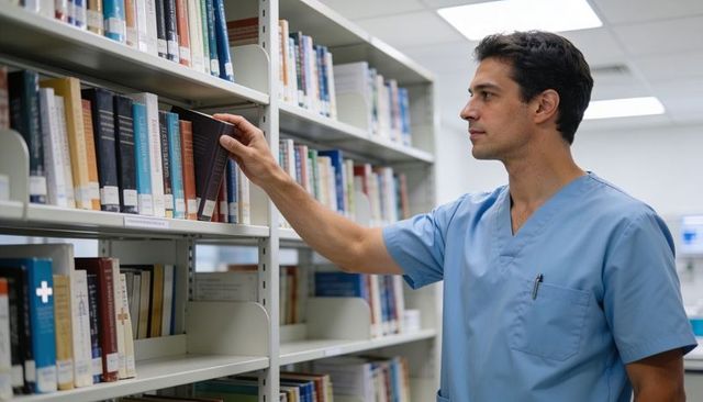 Medical professional selecting reference book on library shelf for clinical study