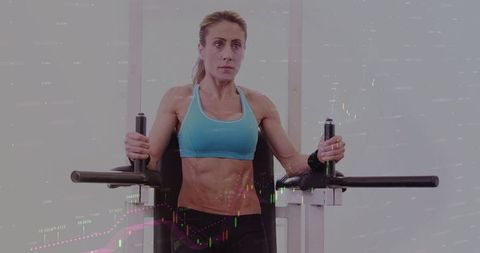 Female strength training pressing chest machine with financial data candlestick overlay