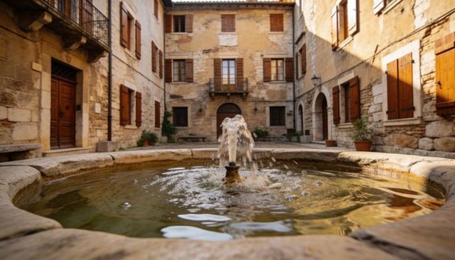 Sunlit stone fountain in old european courtyard with wooden shutters and rustic walls