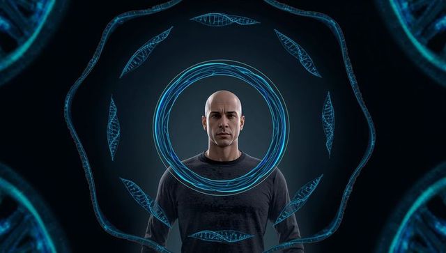 Standing bald man amid holographic dna rings projecting genome and biotech futurism