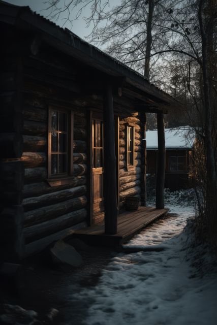 Log cabin in snow in nature in evening, created using generative ai technology. Log cabin, vacation and nature concept digitally generated image.