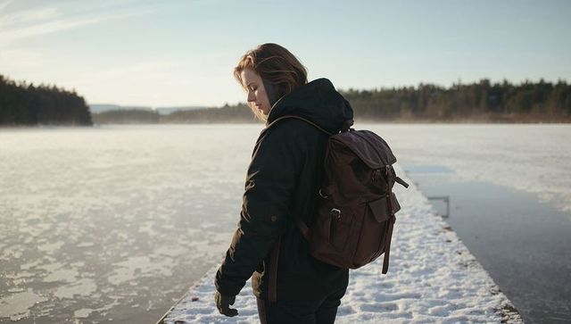 Contemplating woman standing on snowy dock beside frozen lake with backpack in winter dawn