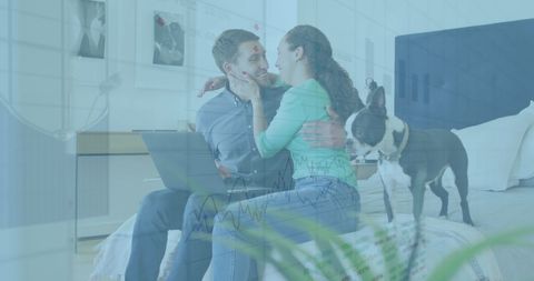 Financial Data Overlay with Affectionate Couple and Dog
