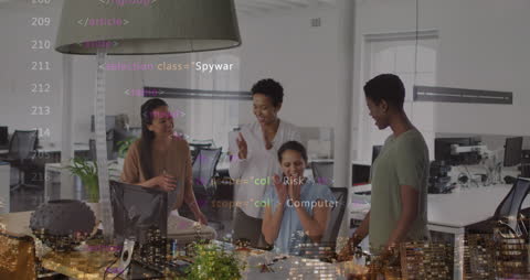 Diverse Team Collaborating with Digital Data Overlay in Modern Office