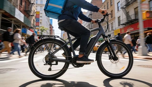 Urban e-bike commuter riding through busy downtown crosswalk with blue delivery backpack