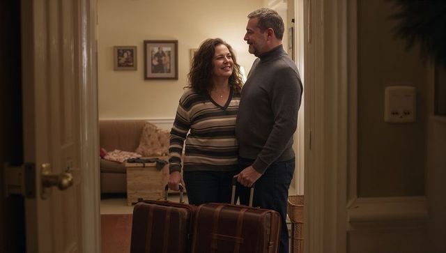 Middle-aged couple returning home holding leather suitcases in warm hallway embracing