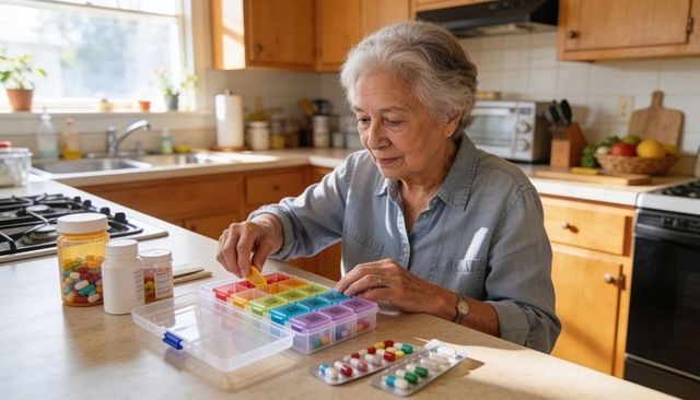 Senior woman organizing color-coded pillbox on kitchen counter, managing medication