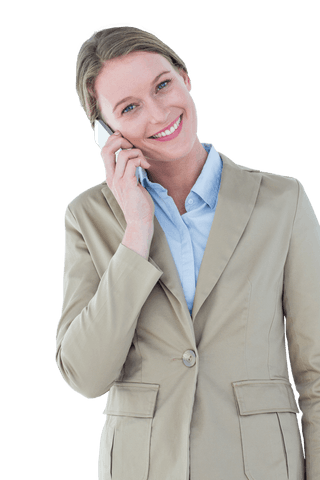 Transparent Businesswoman Taking Mobile Call Smiling Confidently