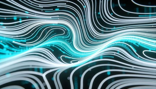 Neon Data Stream Lines Creating Fluid Teal and White Network Waves with Glowing Particles