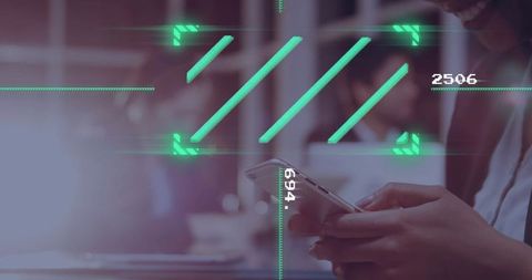 Businesswoman using smartphone with digital scanning interface overlay