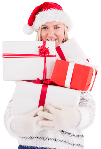 Festive Blonde Holding Stack of Gifts in Transparent Background
