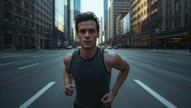 Urban runner sprinting through downtown streetcape, morning training, motion and focus