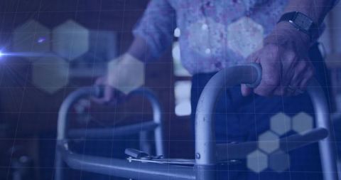 Senior Person Using Walker with Futuristic Tech Overlay