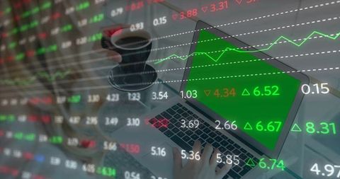 Woman Analyzing Stock Market Data on Laptop with Coffee