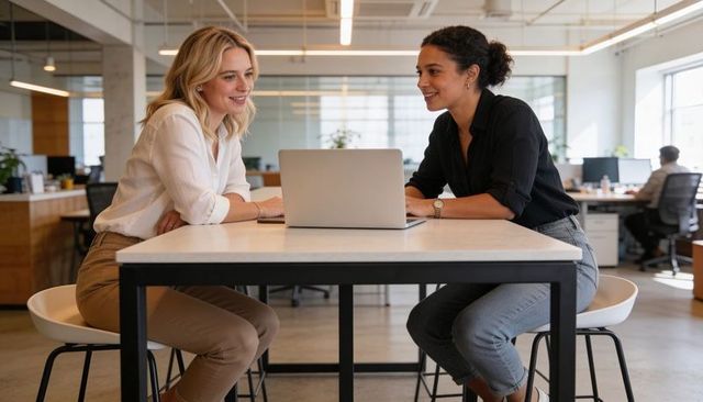 Two professional women collaborating over laptop in bright open-plan office team workspace