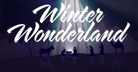 Winter wonderland nativity scene with festive lighting