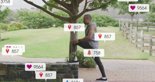 Shows young man running outdoors in park with social media notification overlays like likes, loves, and follows. Emphasizes connection between physical fitness and social media engagement. Useful for advertising health and fitness apps, promoting social media engagement, or illustrating modern technological influences on daily activities.