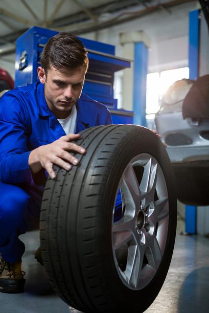 Mechanic Inspecting Tire in Repair Garage - Download Free Stock Images Pikwizard.com