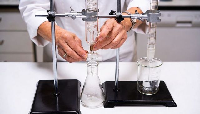 Chemist hands adjusting glass column and stopcock during precise laboratory distillation