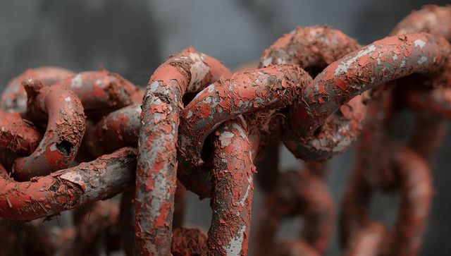 Peeling red paint weathered steel chain macro texture corroded interlocked links