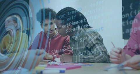 Students collaborating on design sketches with code overlay, brainstorming tech teamwork