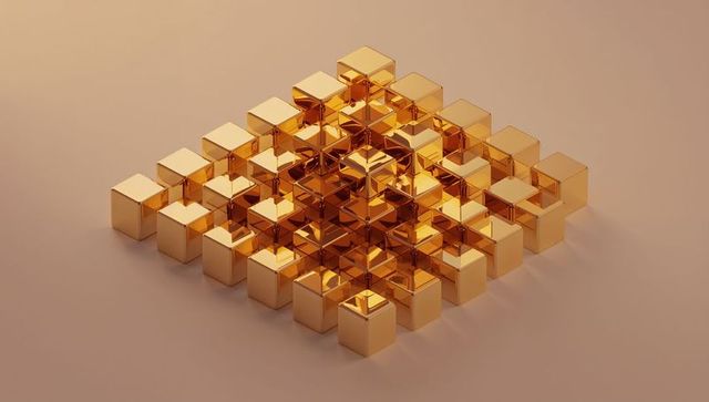 Golden Cubes Forming Stepped Pyramid with Glossy Reflections and Minimal Geometric Grid
