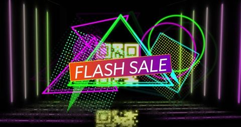 Neon Flash Sale Banner with QR Code and Vibrant Lights